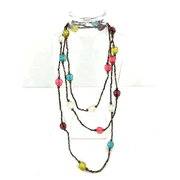 Colorful Faceted Bead Necklace Long 60" Bronze Tube Bead Jewelry - Picture 1 of 12